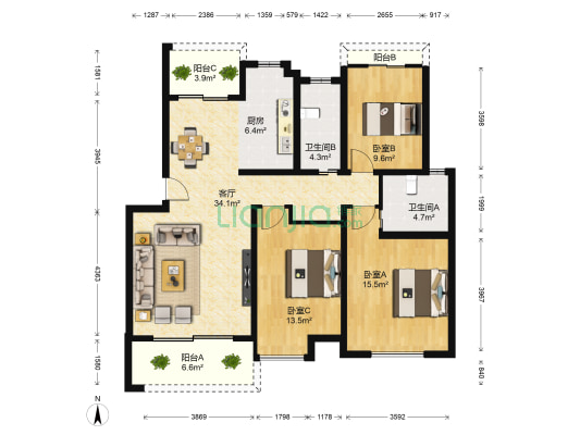 袭汇果岭春天 3室1厅2卫 122平方