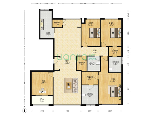 星海广场 4室1厅3卫 226平方