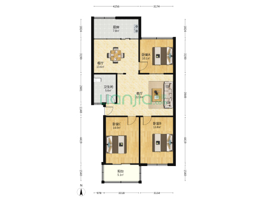 种子公司宿舍 3室2厅1卫 104平方