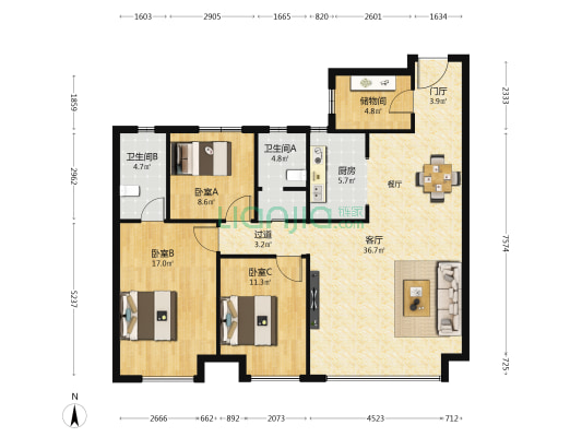 保利·锦上 3室1厅2卫 130平方