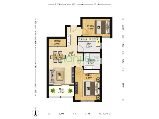 鹤沙航城瑞馨苑 2室1厅1卫 76平方