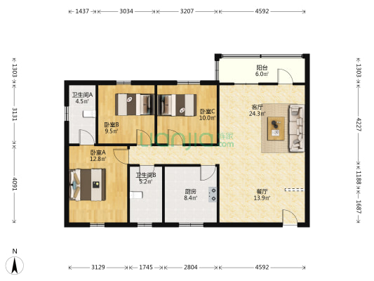豪景花园 3室2厅2卫 106平方