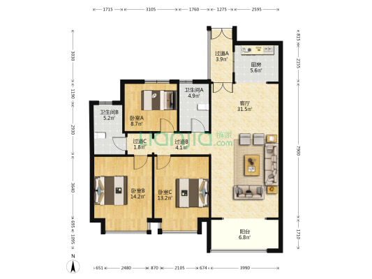 中铁新城 3室1厅2卫 128平方