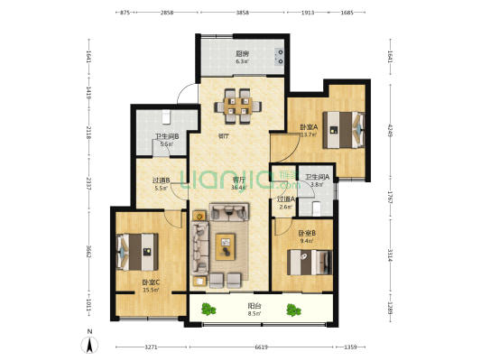 万孚尊园 3室1厅2卫 125平方