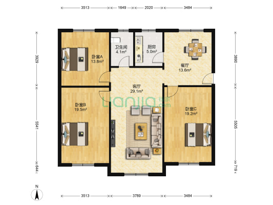 芳草居大院 3室2厅1卫 125平方