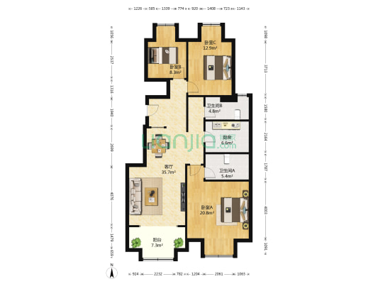 中铁华胥美邦 3室1厅2卫 128平方