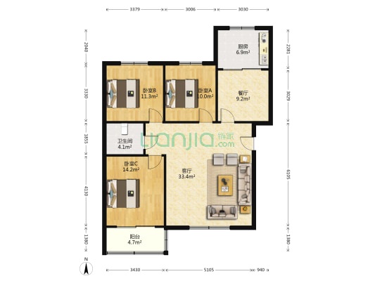 此房为南北通透户型，中间楼层，户型方正，公摊小。-户型图