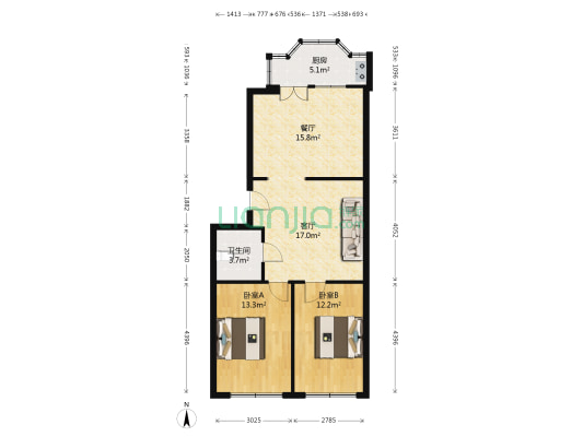 富城花园 2室2厅1卫 90平方