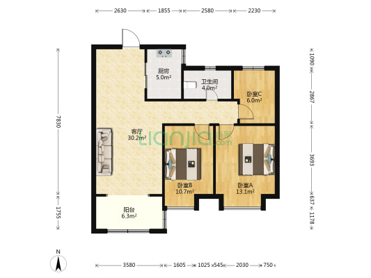 海尔产城创国际广场 3室1厅1卫 97平方