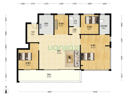 旭辉一江雲著 4室1厅2卫 143平方