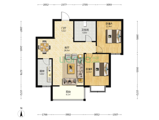 东方新城 2室1厅1卫 97平方