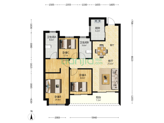 绿城柳岸晓风 3室1厅2卫 97平方