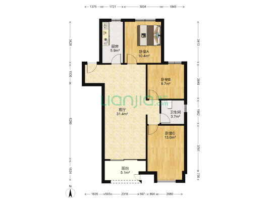 中海阅骊山二期贤庭 3室1厅1卫 100平方