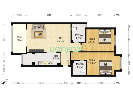 西御阳光 2室1厅2卫 97平方