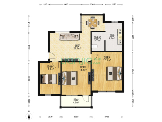 进贤大道 3室1厅1卫 88平方