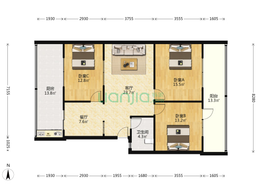 政法干校宿舍 3室2厅1卫 106平方