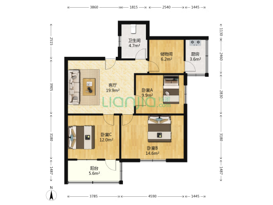 黄河路87号 3室1厅1卫 94平方