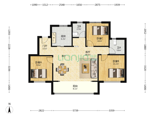 亲亲家园 3室1厅2卫 107平方