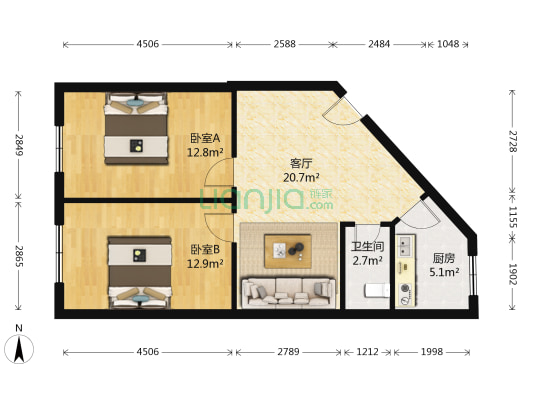 东三马路128号院 2室1厅1卫 68平方