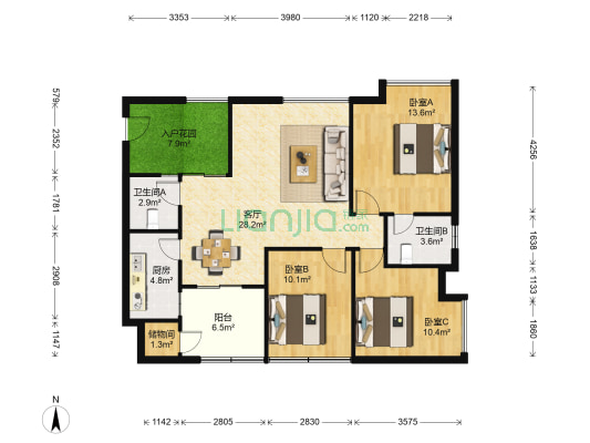重电苑 3室1厅2卫 100平方