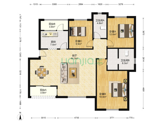 阳光西班牙 3室1厅2卫 133平方