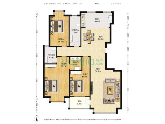 江南豪庭 3室2厅2卫 172平方
