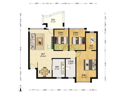 星海名城一期三组团 4室1厅1卫 90平方