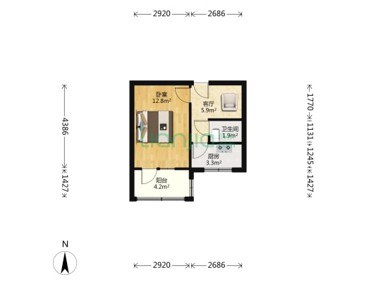 范阳路 三五四三 社区 中楼层1居室 采光好 户型方正-户型图