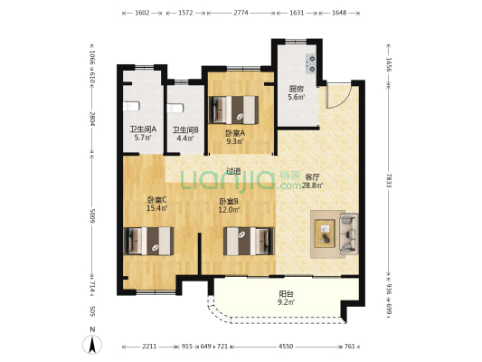 楚天都市蓝玉湾 3室1厅2卫 110平方