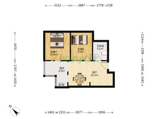 新城大厦 2室1厅1卫 65平方