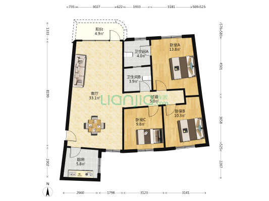 金南苑小区 3室1厅2卫 112平方