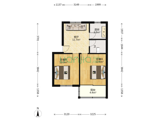美凌苑 2室1厅1卫 55平方