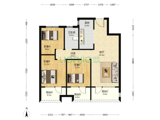 融创中心宸望 3室1厅1卫 111平方