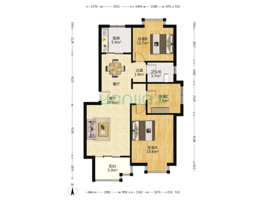 世纪阳光花园绿阳苑 3室1厅1卫 95平方