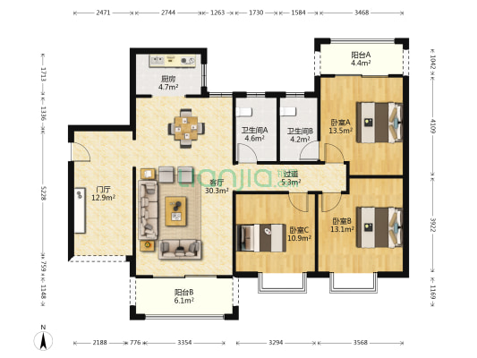 熙海蓝天 3室1厅2卫 124平方