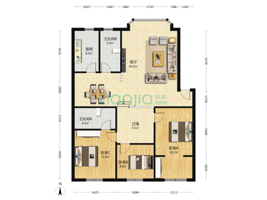 三友小康苑 3室1厅2卫 134平方