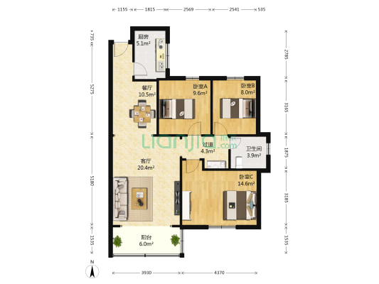 鸿园小区 3室2厅1卫 99平方
