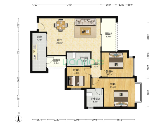 恒大新城一期 3室1厅2卫 112平方