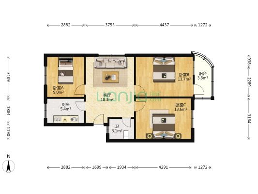 五一路45号院 3室1厅1卫 83平方