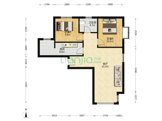 此房满二税费低，毛坯随意装.存量较少的K户型-户型图