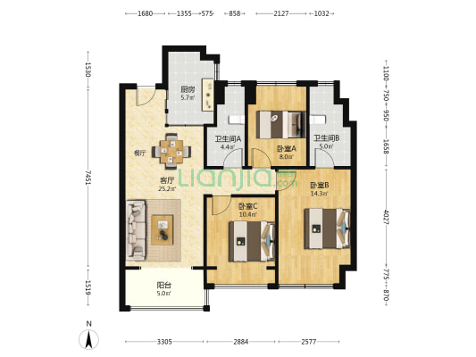 金地西郊·悦章 3室1厅2卫 104平方
