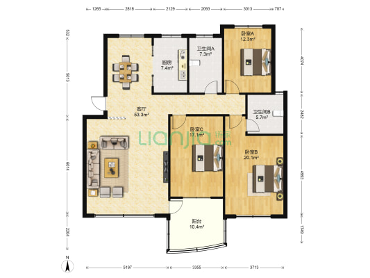 中心花园 3室1厅2卫 154平方