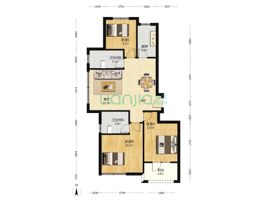 海创景苑 3室1厅2卫 118平方