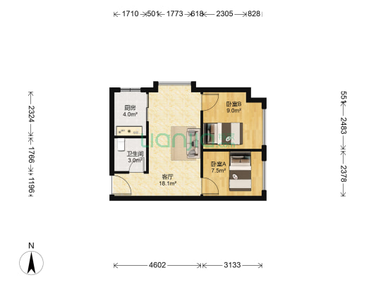 国贸酒店公寓 2室1厅1卫 61平方