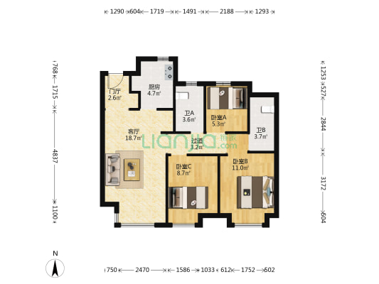 景瑞誉璟天地 3室1厅2卫 87平方