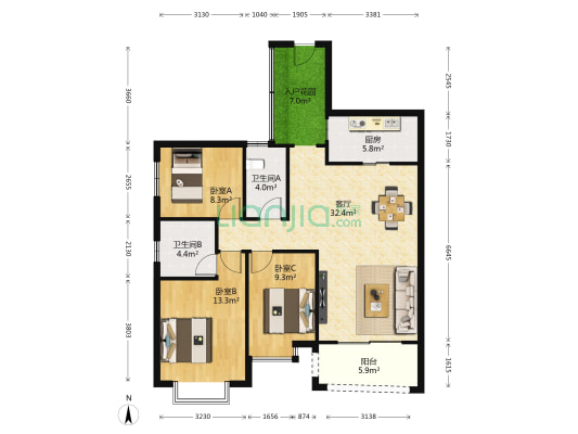 广源国际社区 3室1厅2卫 105平方