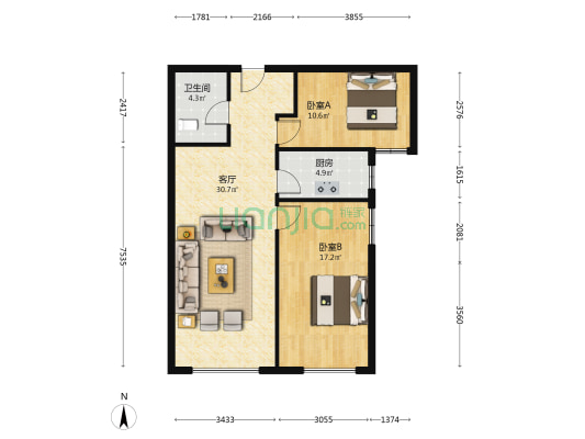 鸿坤精装修小三居，自住标准，看房方便，满五唯一-户型图