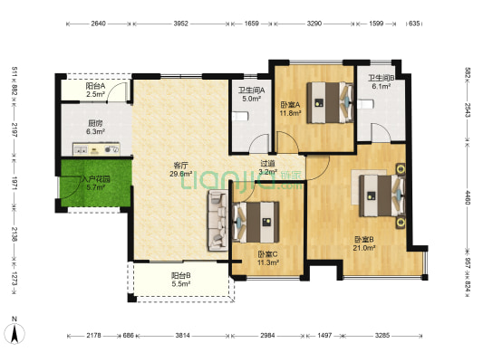 华普新翼 3室1厅2卫 130平方