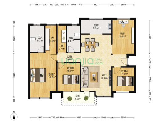 枫华金明府七期 4室1厅2卫 130平方