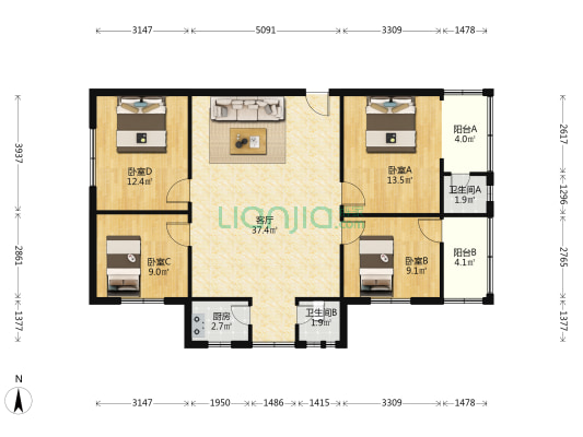 龙华文具厂宿舍 4室1厅2卫 112平方